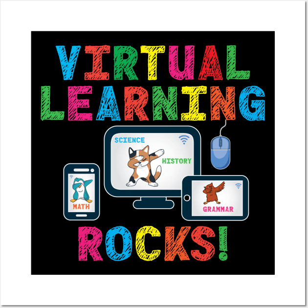 Virtual Learning Rocks Cat Penguin Owl On Devices Wall Art by Rosemarie Guieb Designs